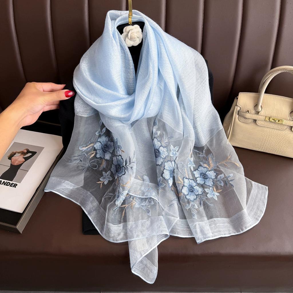 Damen Seidenwollschal Floralstickerei Hijab Damen Foulard Frühling Sommer Dünne Pashmina Schals Wickel Bufanda Kopftuch