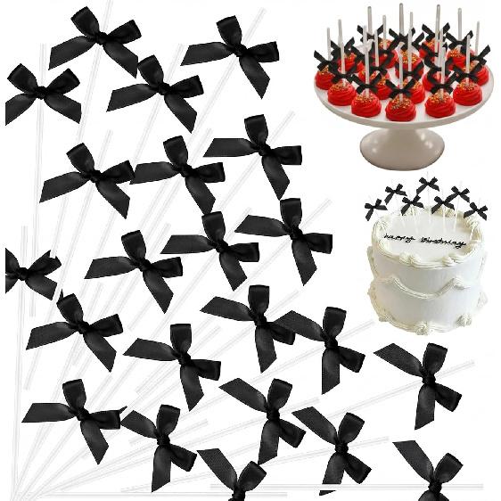 Faccito Pink 50 Sets 6" Bow Cake Pop Sticks DIY Coquette Themed Dessert Decorations for Candy, Lollipop, Cupcake Toppers, Party Decor for Baby