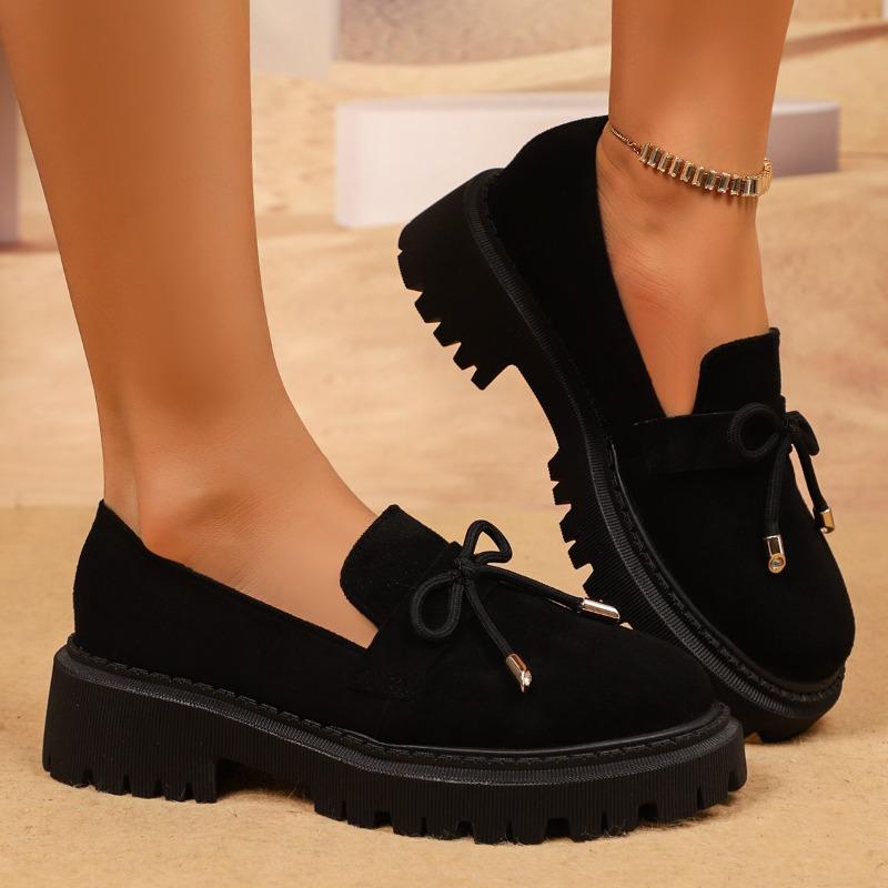 Women's Loafers Round Toe Platform Sole Square Heel Butterfly-knot Shoes  Fashion All-match Plus-size Spring Autumn Single Shoes