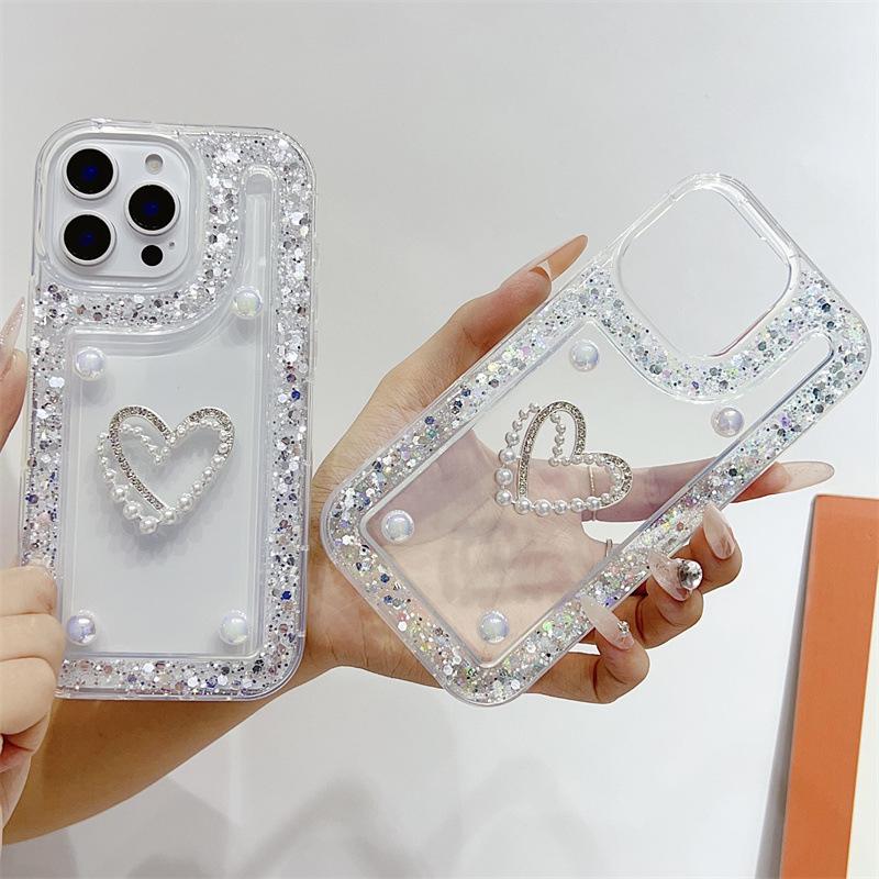 Heart-Shaped Glitter Rhinestone Transparent iPhone 16 Case, Compatible with Models 11-15