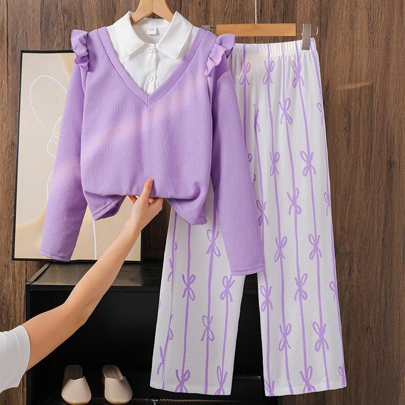 

Girls Casual Set for Autumn Children s Leave: Two Lace Long-sleeved Tops and Striped Bow Wide-leg Pants 170cm=12Y фиолетовый