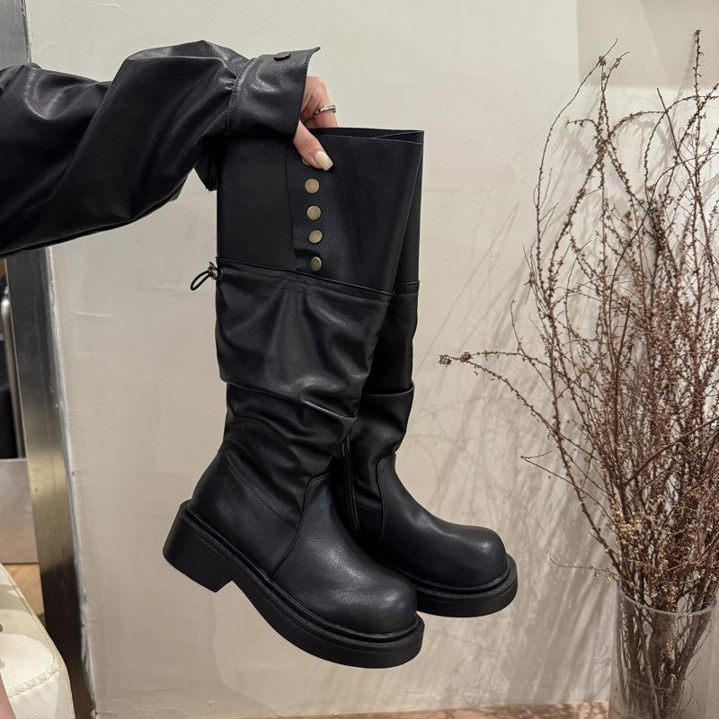 Leather pleated pile boots two wear brown boots women 2025 thick sole but knee small tall knight boots