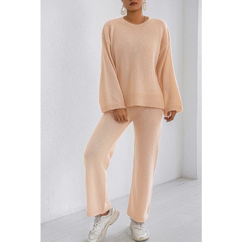 Women Loose Comfortable Solid Color Long Sleeve Sweater Wide Leg Pants Two Piece Loungewear Set