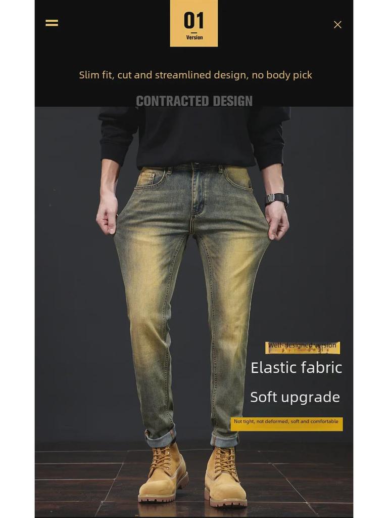 Men's Yellow Slim-Fit Retro Jeans - High-End, Elastic Skinny Pants for Spring and Autumn