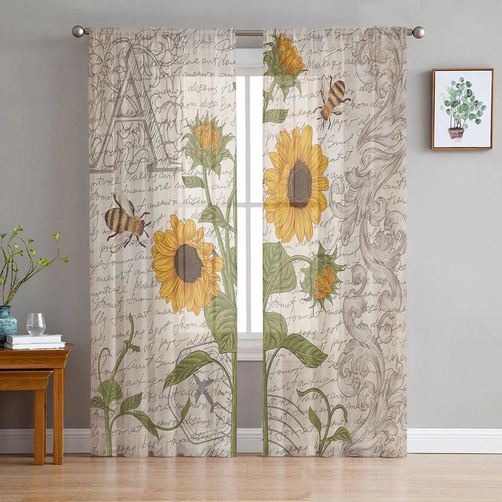 Modern Bee Azalea Retro Flower Tulle Curtains Living Room Bedroom Decoration Chiffon Voile Kitchen Window Curtain With Sheer Polyester Perfect For