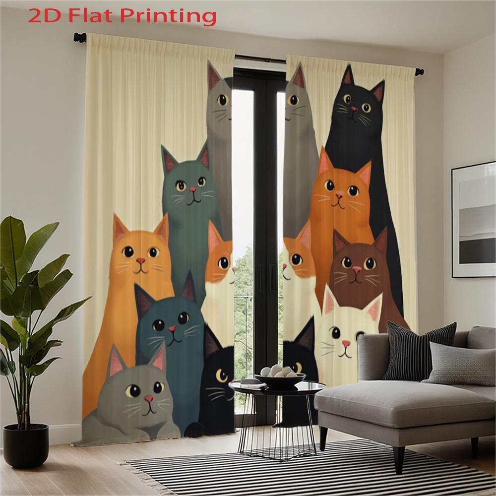 2D Flat, 2Pcs, 2D Flat Printing Curtains, Multicolored Cats Pattern. Home Decor Animal Themed Soft Colorful Rod Pocket Sheer Fab
