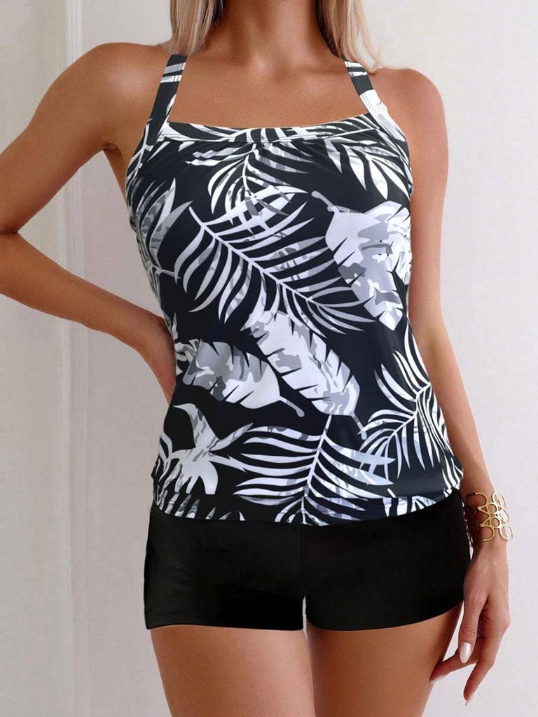 2024 Women's Sexy Conservative Tankini: European & American Split Swimsuit with Print Flat Leg Shorts