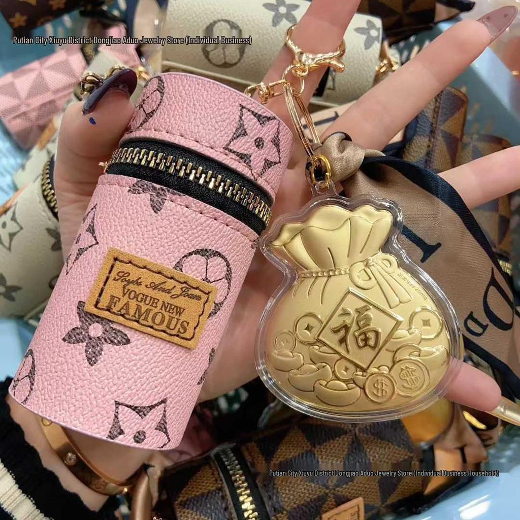 999 Pure Gold Fu Character Keychain: Vintage Flower Bag Charm & Cartoon Ornament Gift