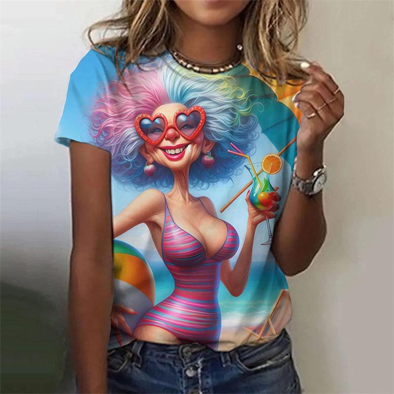 Summer Round Neck 3D Cartoon Grandma Image Pattern Printed Top Fashionable Casual Short Sleeved Women's T-shirts