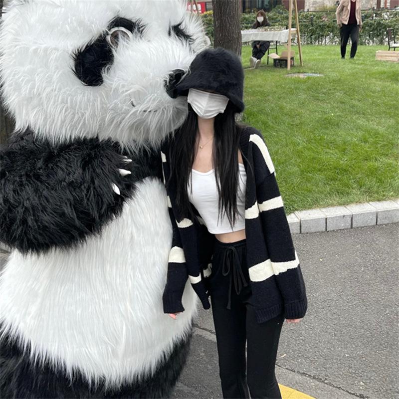 Pulover de damă de toamnă și iarnă, cu dungi care se confruntă, cardigan tricotat cu decolteu în V, în stil colegiu, cu mânecă lungă