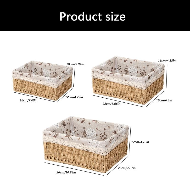 Fabric Lined Storage Basket Set of 3 with Lace Trim, Rectangular Catchall Baskets for Desktop, Entryway, and Dresser