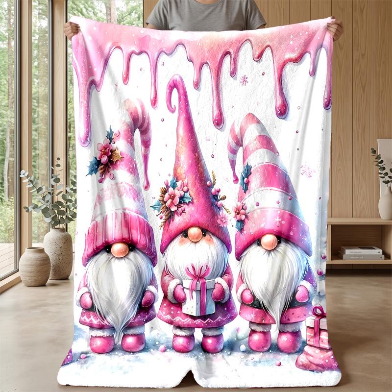 Festive Pink Gnomes with Gifts Theme blanket Lightweight Warm Flannel Blanket Decorative Throw Blanket for Home Decoration