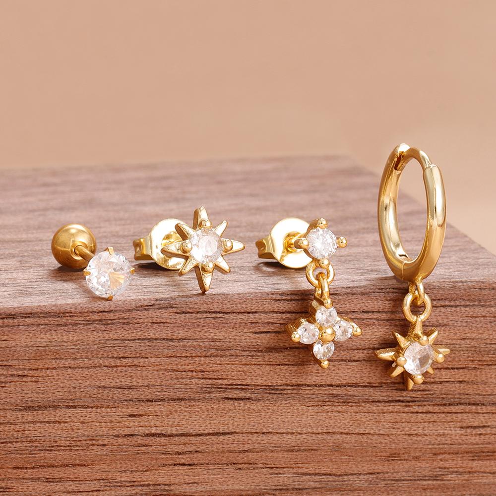 New Arrival Stainless Steel Crystal Zirconia Star Earrings Set For Women Girls Teens Temperament Stud Earrings Lady Jewelry Gift