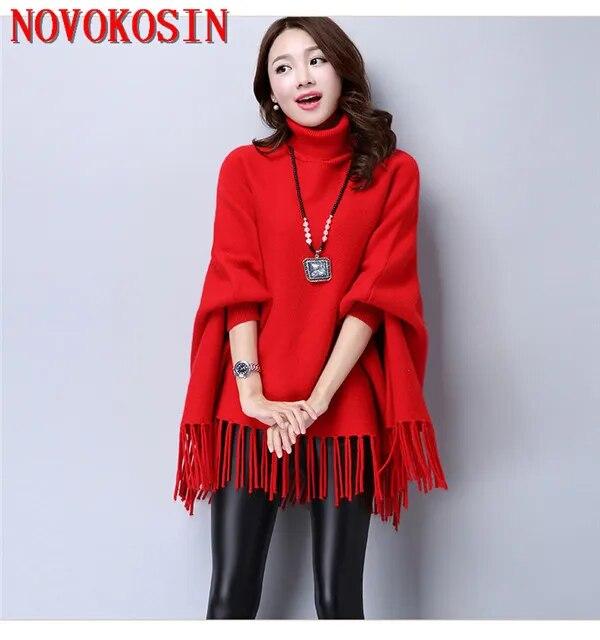 

6 цветов пончо с кисточками, осеннее вязаное пальто с длинными рукавами «летучая мышь», корейская версия, свободный свитер, женские пуловеры с высоким воротом, трикотаж One Size красный