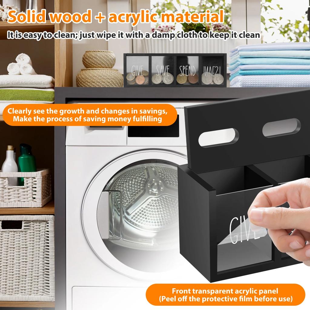 Drewniana skarbonka z 4 przegródkami na oszczędzanie, wydawanie, inwestowanie. Do montażu na ścianie. Dla dzieci i dorosłych. Wizualna.