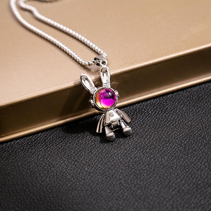 Mechanical Space Rabbit Necklace: Colorful Gemstone Pendant with Movable Limbs