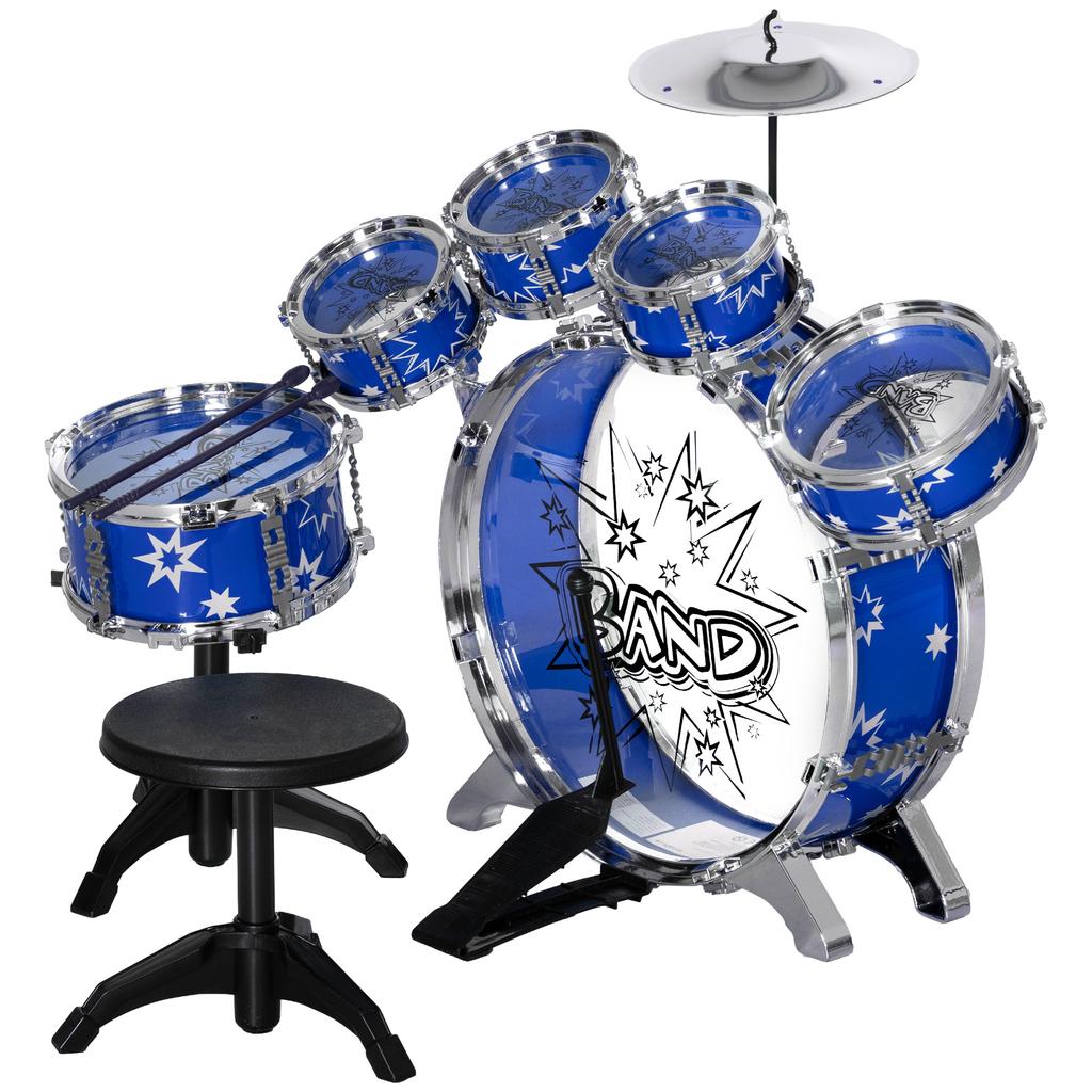 Drum Set for Children +3 Years with Drums, Bass Drum, Cymbal, Pedal and Drumsticks Star Theme Design 65x22x57 cm Blue