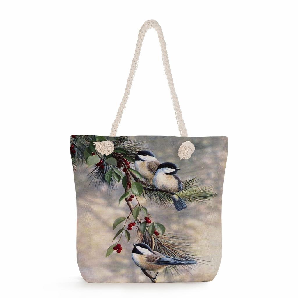 Bird print thick rope single-shoulder beach bag 7251 CLE