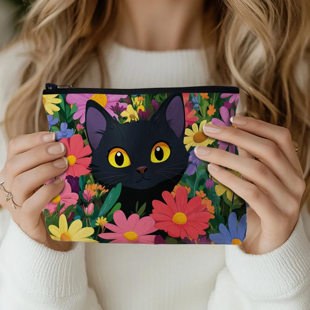 Charming Black Cat & Floral Canvas Organizer Bag - Cartoon Style Zippered Makeup Pouch, Makeup Travel Ba
