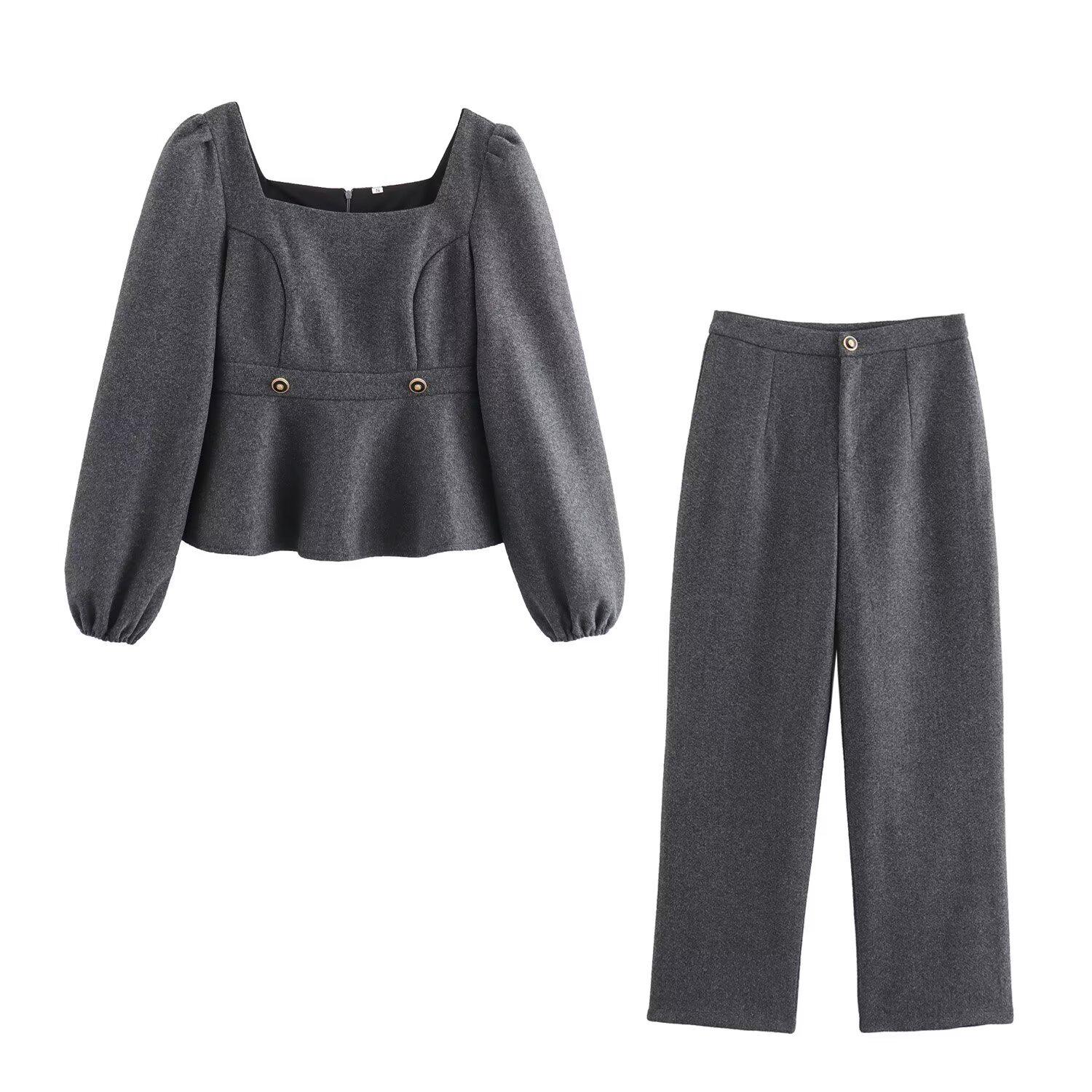 

Осень 2024 Женский комплект в европейском и американском стиле: топ с квадратным вырезом и длинными рукавами и брюки Small серый