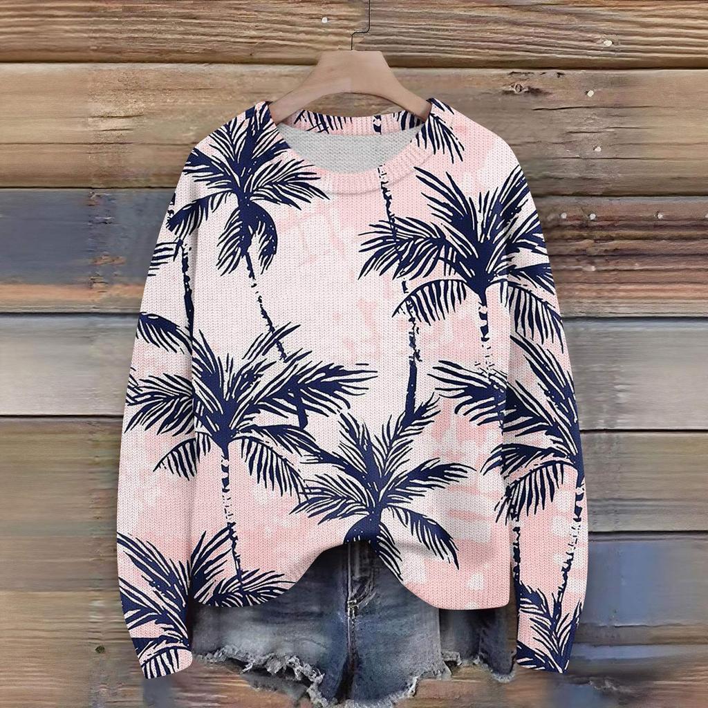 Long Sleeve Pullover Sweaters For Women O Neck Casual Cute Printing Knit Oversized Sweater