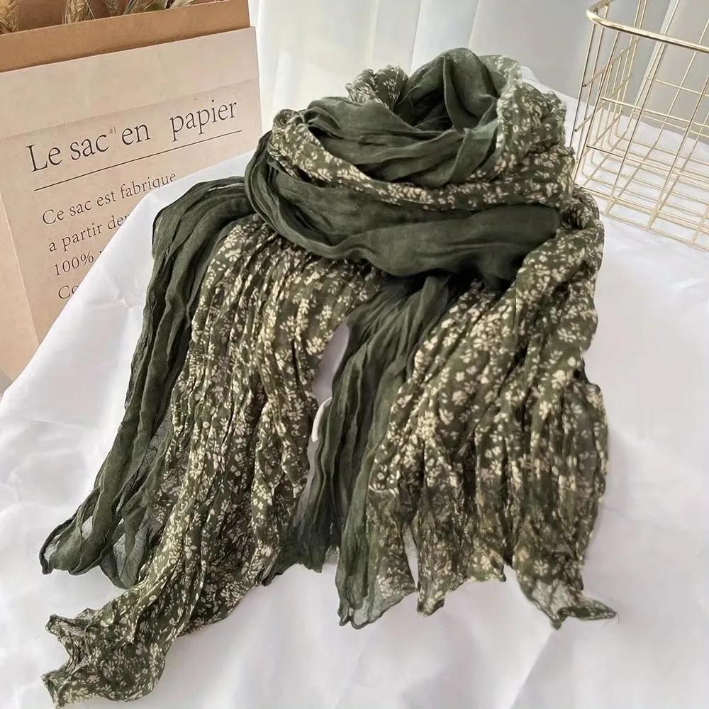 New Spring And Autumn Retro Art Folded Thin Versatile Shawl Small Floral Scarf Cotton Scarf