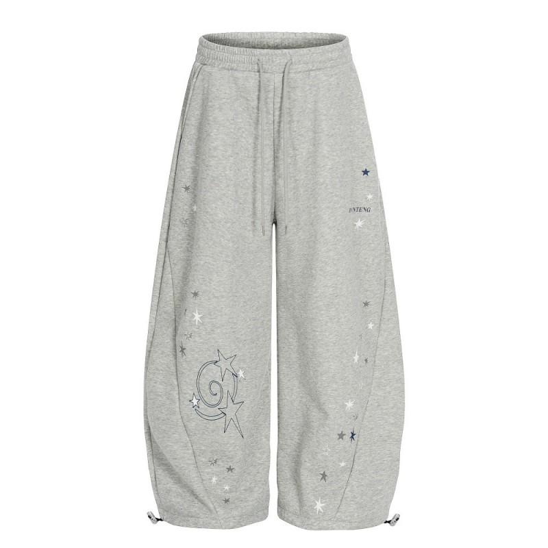 Mens Fleece Wide Leg Pants Star Print Streetwear Sweatpants Loose Fit Winter Trousers