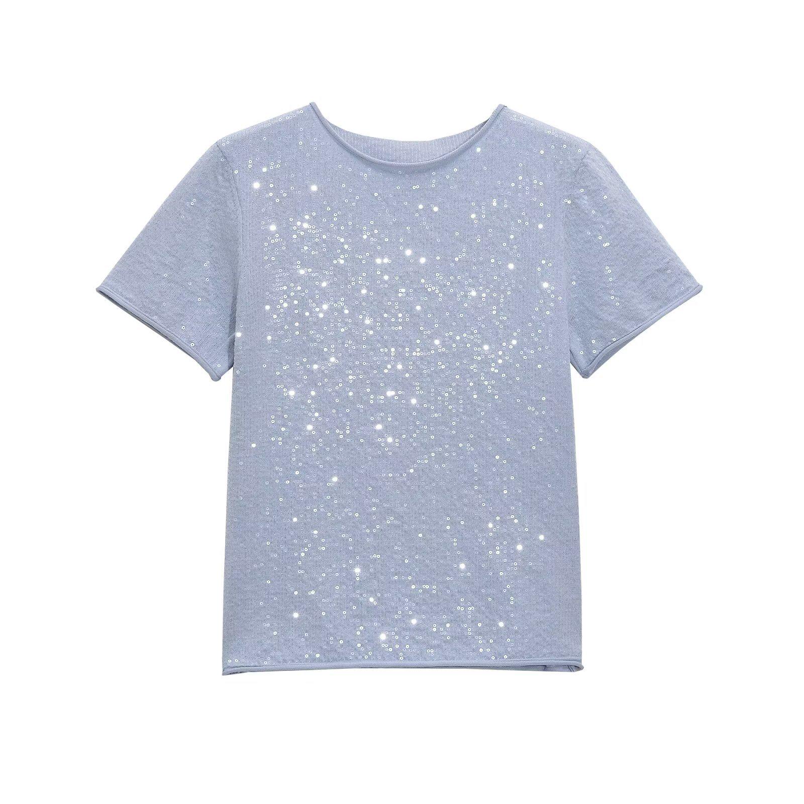 

Женский повседневный трикотажный топ с пайетками, весна 2025 Small светло-синий