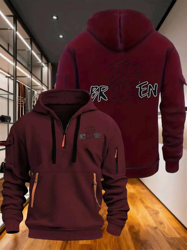 Men's hoodie, stylish with multiple zippers and pockets, loose fitting pullover print I'm ok English print