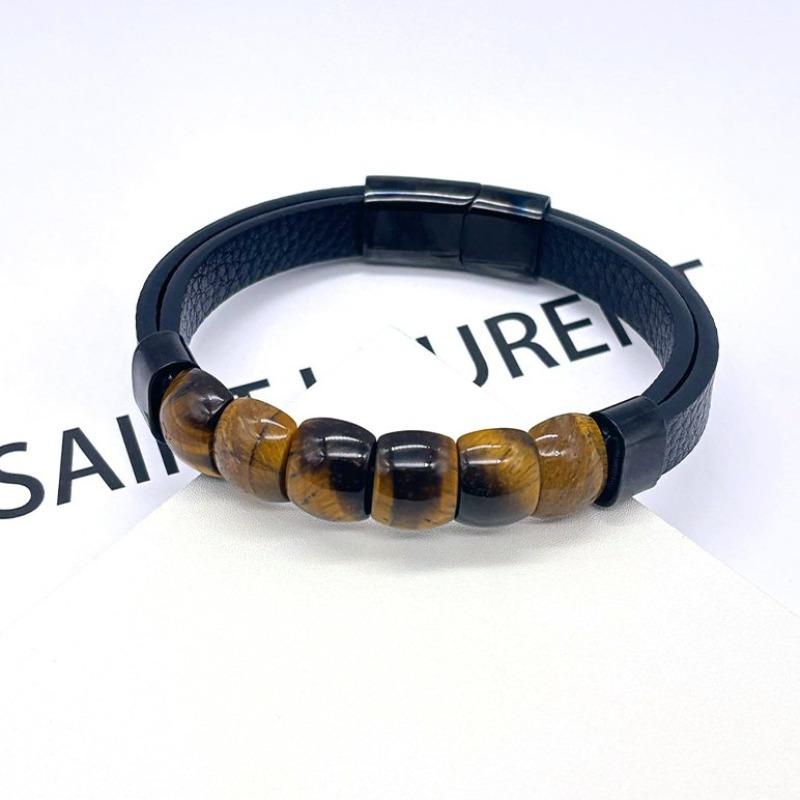 Men's Leather Tiger-eye Stone Bracelet with Leather Stainless Steel Clasp - Vintage Jewelry