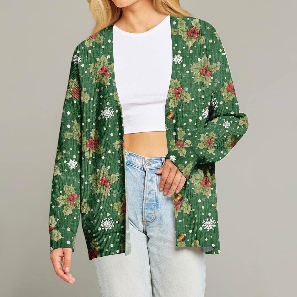 Women's Fashion Long Sleeve Christmas Print V-Neck Button Loose Cardigan Top