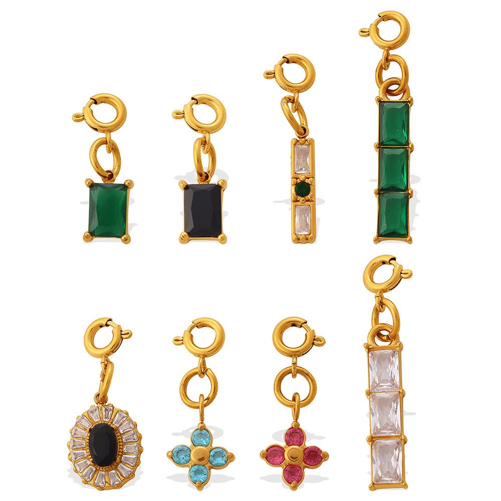 Light Luxury Geometric Square Color Zircon Jewelry Clasp Pendant, 18K Gold Plated Stainless Steel DIY Charm