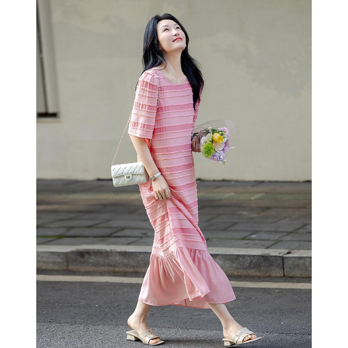 

Dme Dress, Spring And Summer Round Neck Textured Casual Striped Sweet Age-Reducing Knitted Dress, Mid-Length for Women L рожевий