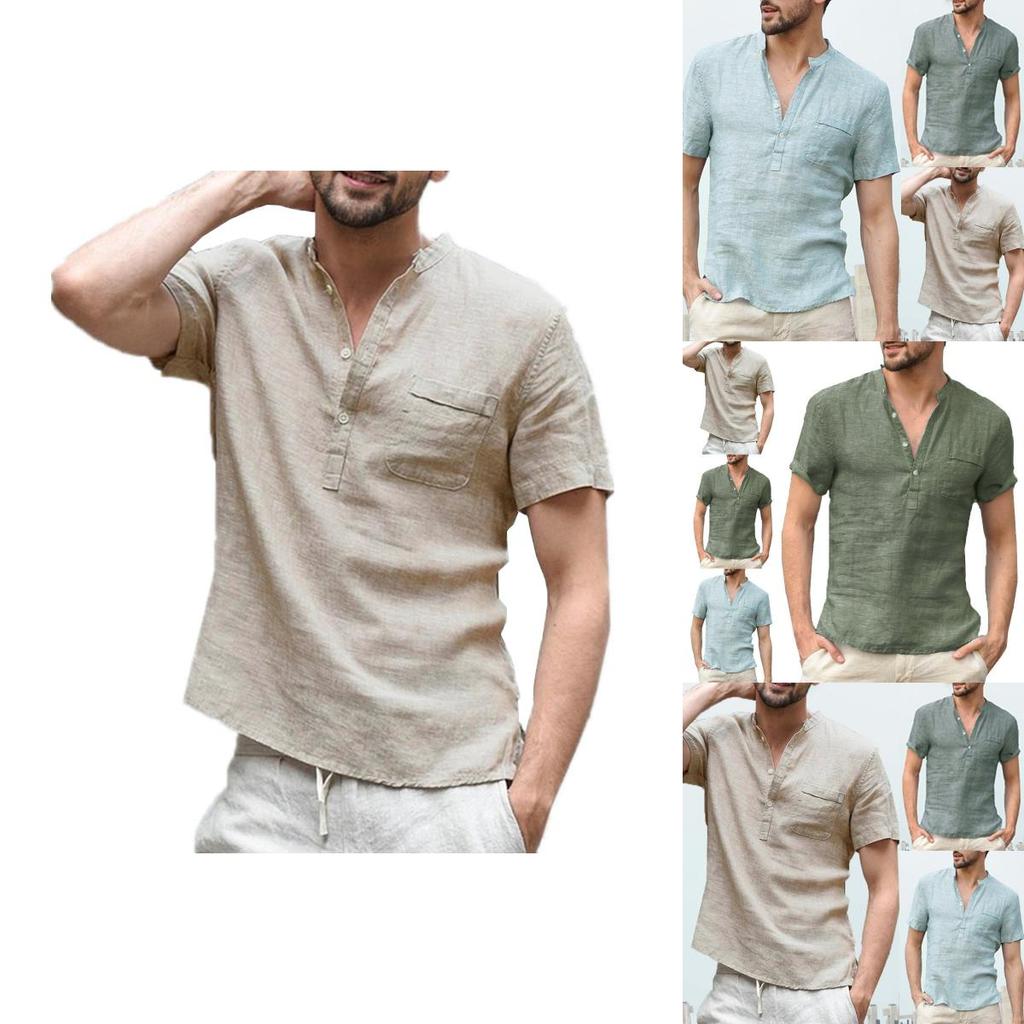 Summer Men Henley T Shirt Tops Casual Loose V Neck Short Sleeve Pullover Tee Breathable And Comfortable For Everyday Wear