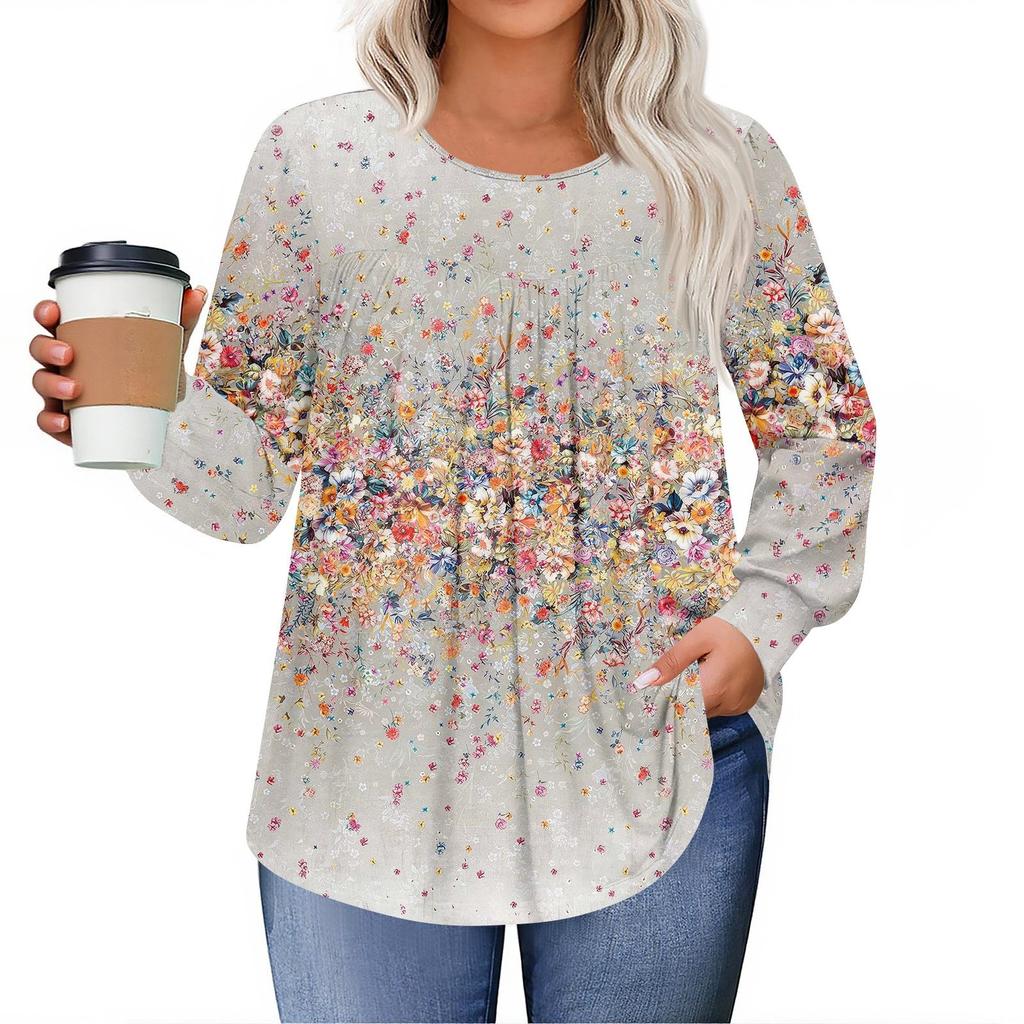 Dámské topy plus size košile s dlouhým rukávem kulatý výstřih splývavá tunika ležérní volná halenka L-5X