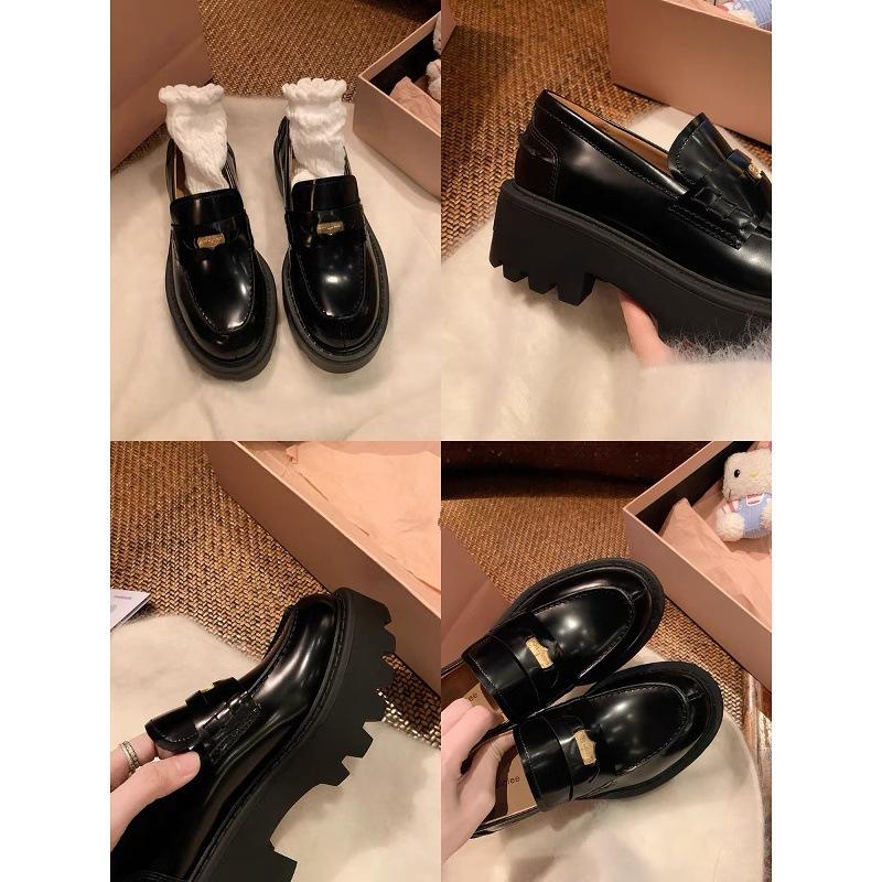 Cowhide Version~ Gold Coin Round Head Small Leather Shoes Women's Thick-soled Thick-heeled Single Shoes Versatile One-pedal Genuine Leather High-heele