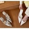 Moda Nowe Damskie Modne Kryształowe Muły Klapki Eleganckie Zakryte Palce Sukienka Klapki Damskie Buty na Wysokim Obcasie na Imprezę Taneczną Zapatos Mujer