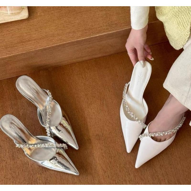 Moda Nowe Damskie Modne Kryształowe Muły Klapki Eleganckie Zakryte Palce Sukienka Klapki Damskie Buty na Wysokim Obcasie na Imprezę Taneczną Zapatos Mujer