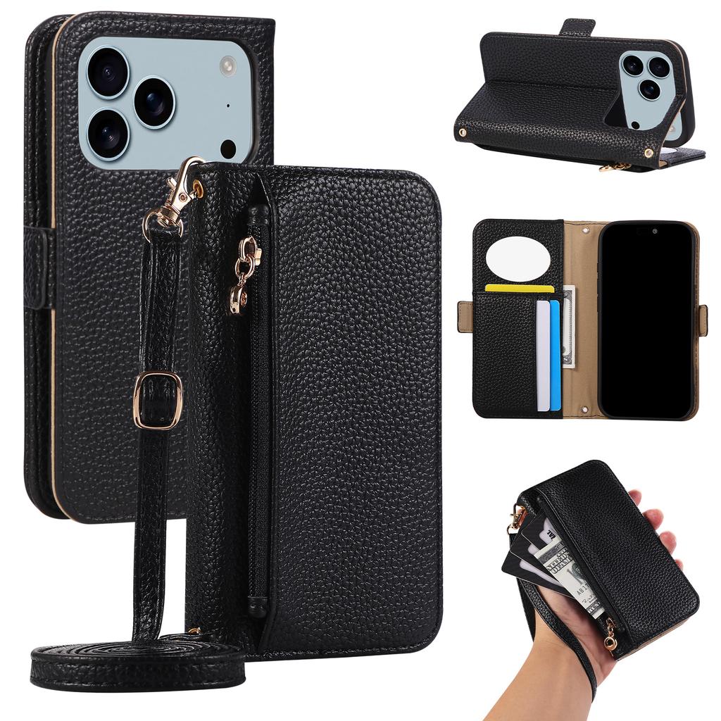 Zipper Flip Magnetic Cards Solt Mirror Wallet Leather Case For iPhone 17 Pro Max 16 Plus 15 14 13 12 11 Strap Slim Book Cover
