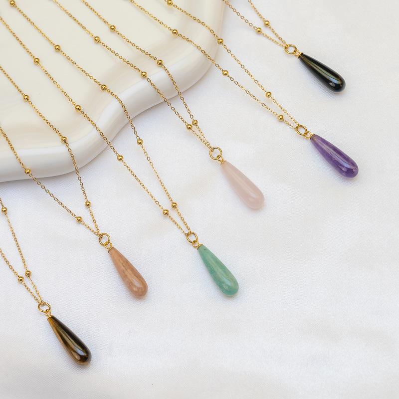 Cross-border Minimalist Niche Water Drop-shaped Natural Stone Pendant Stainless Steel Unisex Necklace Bamboo Chain Popular