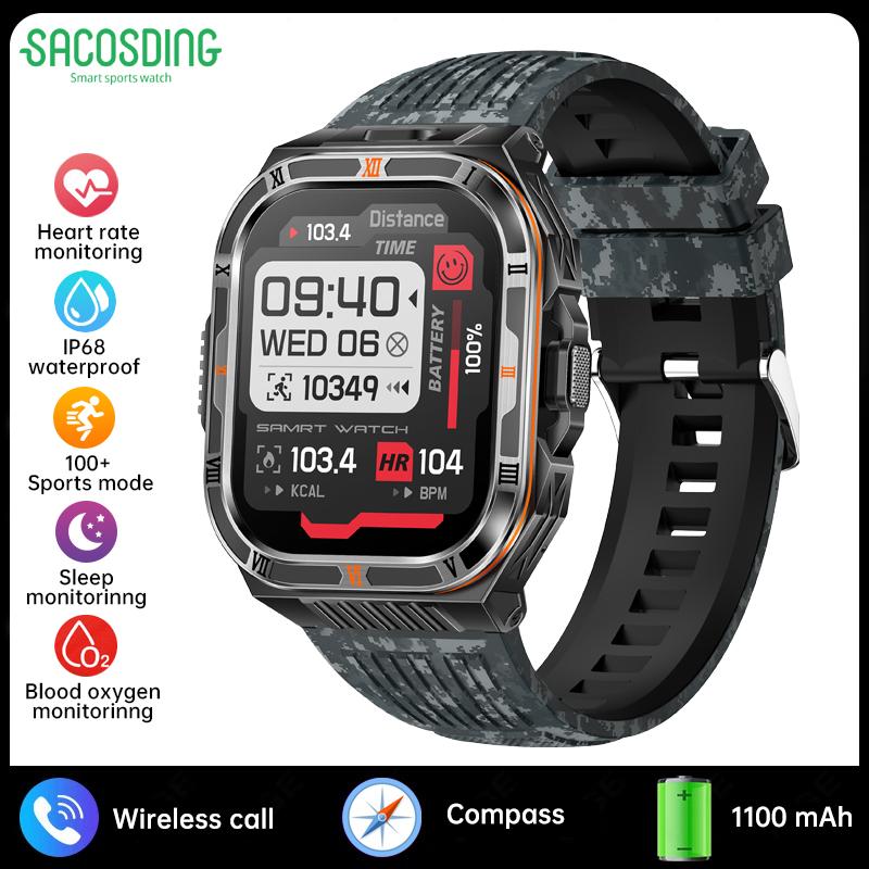 New 1100mAh Battery Outdoor Ultra Durable Men Smartwatch Flashlight Heart Rate Bluetooth Call IP68 Waterproof Sports Smart Watch