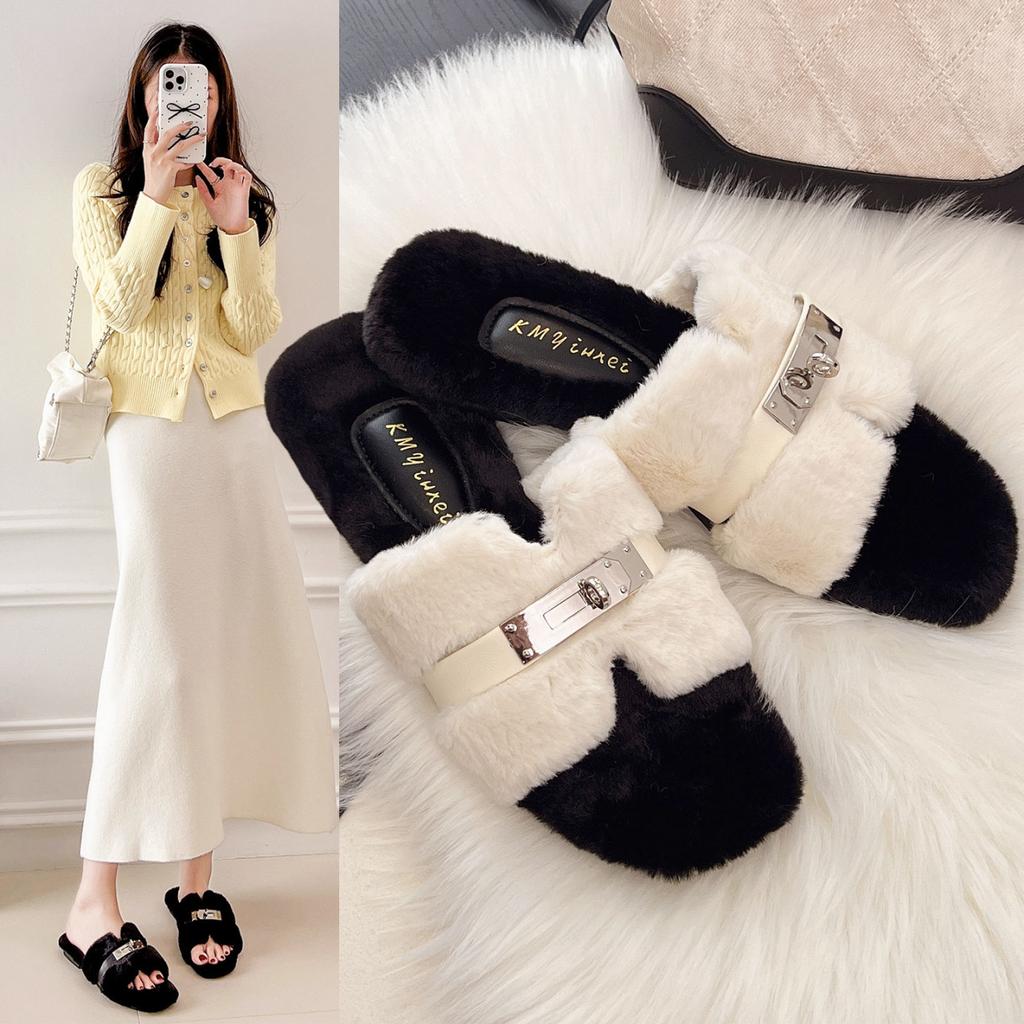 Comfortable Princess Thick-bottomed Fluffy Slippers Women's Autumn and Winter High-end Outer Wear 2025 New Indoor Home One-word Cotton Mop