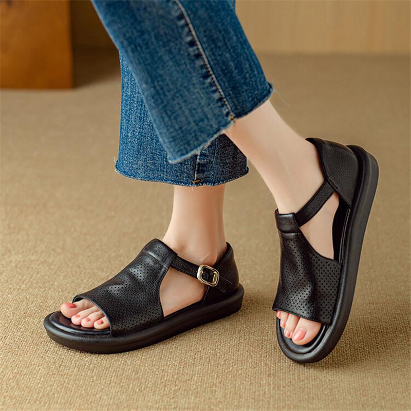 Fashion New Split Leather Summer Sandals Round Toe Low Heel Roman Sandals for Women Fashion Hollow Out Flat Shoes Concise Ladies Shoes