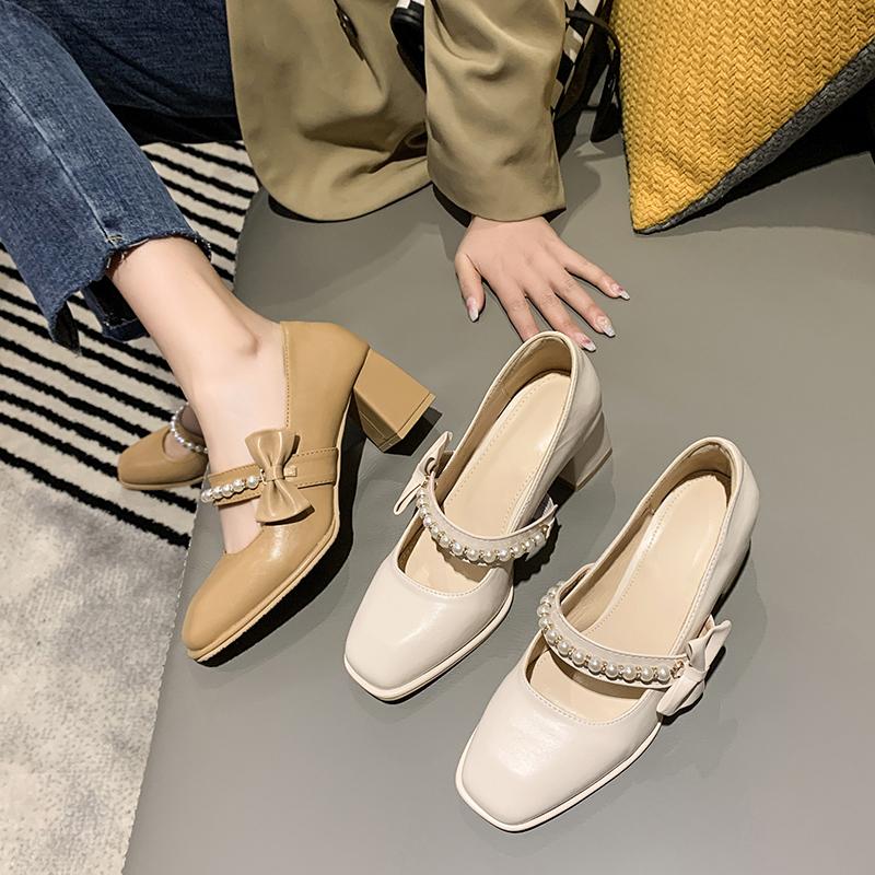 New Woman High Heel Shoes Square Heels Round Toe Mary Janes Pumps Buckle Strap Black Brown Handmade Elegant Lady Shoes