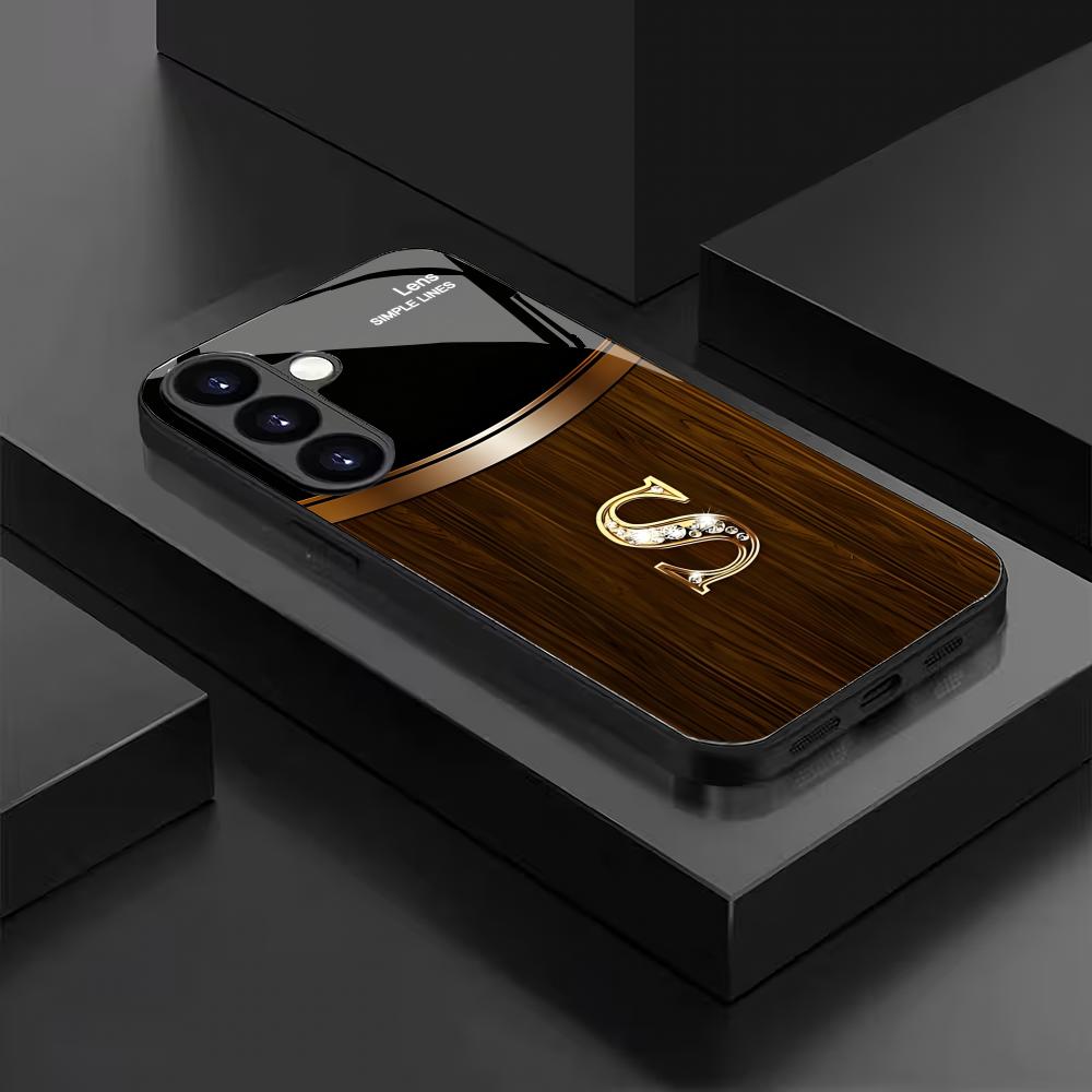 Wood grain letter S black glass phone case suitable for Samsung Galaxy S26 S25 S24 S23 S22 S21 S20 FE/Ultra/Plus anti drop