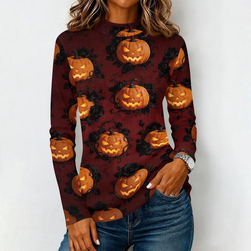 Damen Halloween Langarm T-Shirt Strick Lässig Rundhals Pullover Top