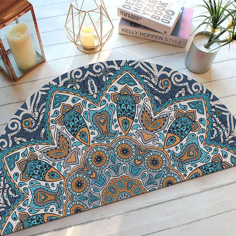 Bohemian Style Semi Circular Floor Mat, Ethnic Style Entrance Mat, Household Bathroom Absorbent Mat, Washable