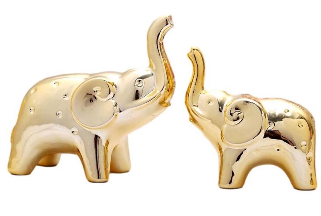 Queen-b Elephant Figurines, Set of 2, Feng Shui Ornaments, Decorative Animal Ornaments for Entryways, Bedrooms, and as Gifts (Gold)