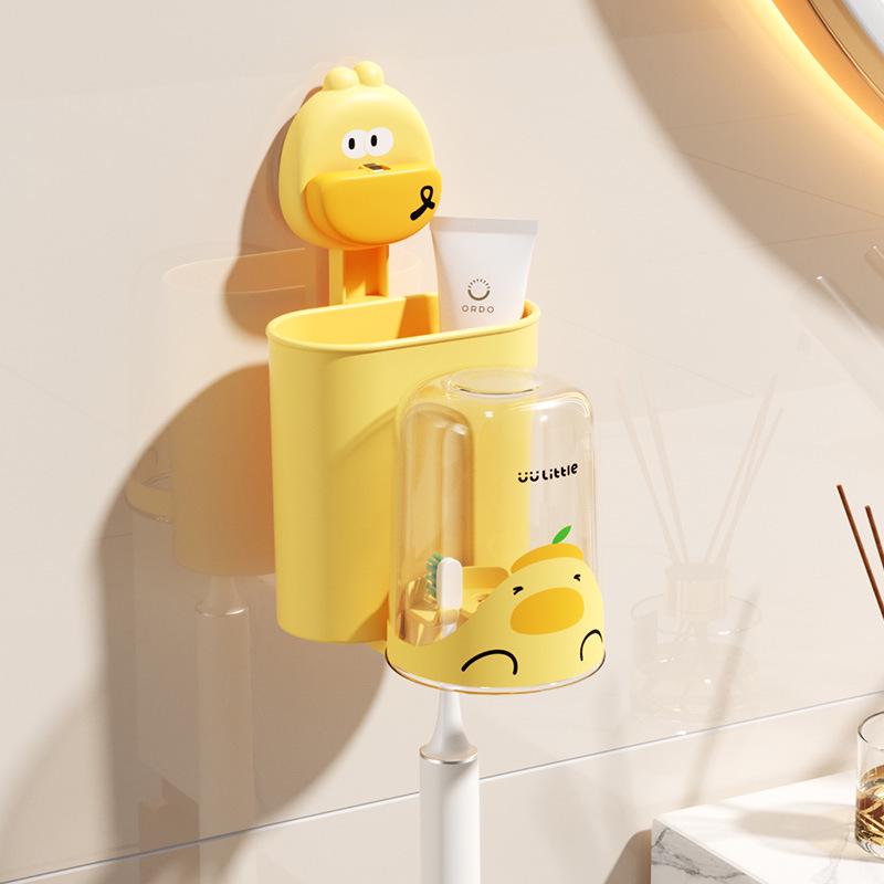 Cartoon Toothbrush Holder & Cup Rack: Punch-Free, Wall-Mounted, Cute Design for Kids' Bathroom.