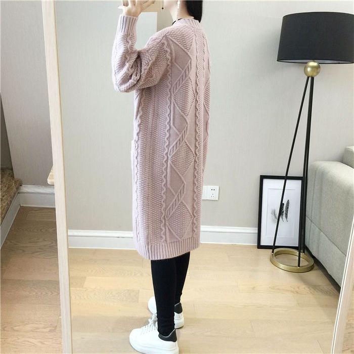 Loose V-neck Mid-length Knitted Cardigan for Women Diamond-shaped Twisted Sweater Coat Solid-color Casual Long-sleeved Cardigan